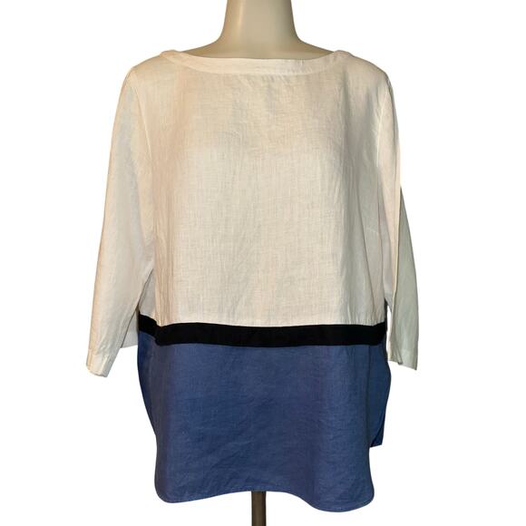 J.Jill Women’s Size Medium Petite Blue White Linen Colorblock Tunic Top Casual - Picture 2 of 8